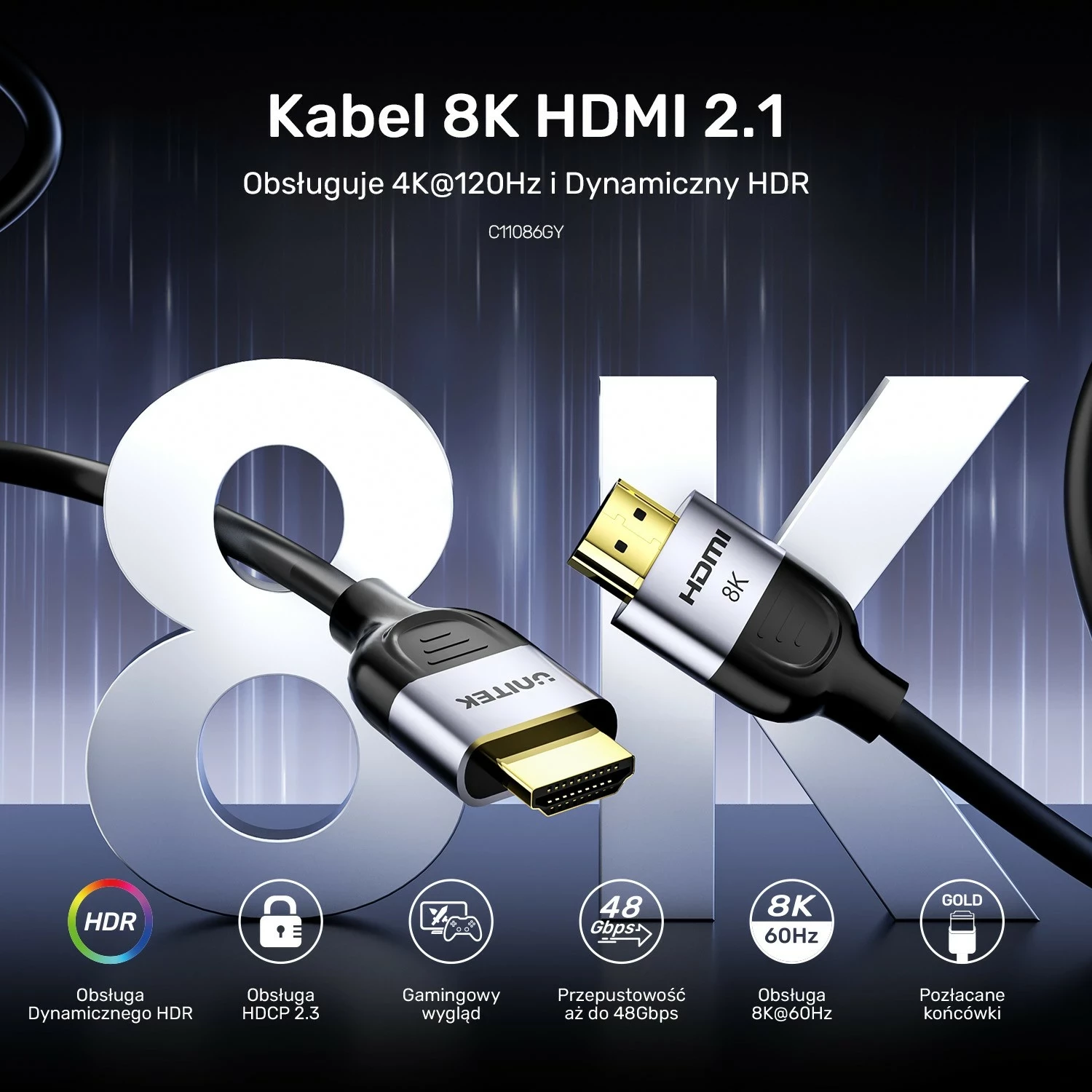 Kabëll HDMI Unitek 2.1 8K 60Hz, 3m, zi
