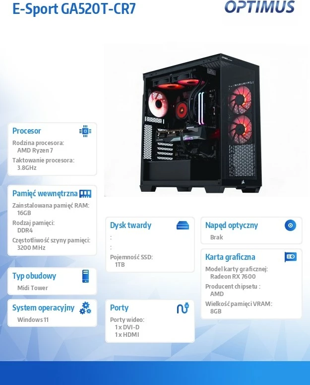 Kasë gaming OPTIMUS E-Sport GA520T-CR7, Ryzen 7 5800X, 16GB RAM, 1TB SSD, Radeon RX 7600, e zezë