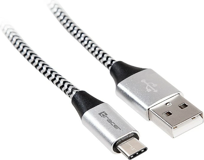 Kabllo USB 2.0, Tracer, TRAKBK46265, Type-C mashkull në USB-A mashkull, 1 m, deri 2.1A, ngarkim + të dhëna, e zezë/argjendtë