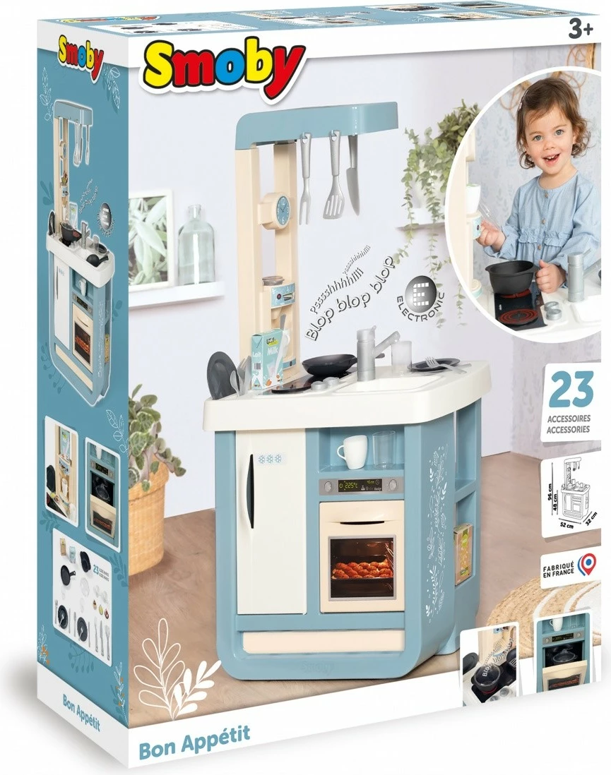 Kuzhinë lodër Smoby Bon Apetit, elektronike, me zëra, 23 aksesorë, Azure/Bezhë/E bardhë