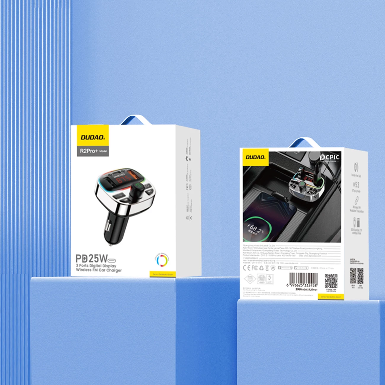 Transmetues Bluetooth për veturë Dudao R2PRO+, PD 25W, Bluetooth 5.3, RGB, zi dhe argjendtë