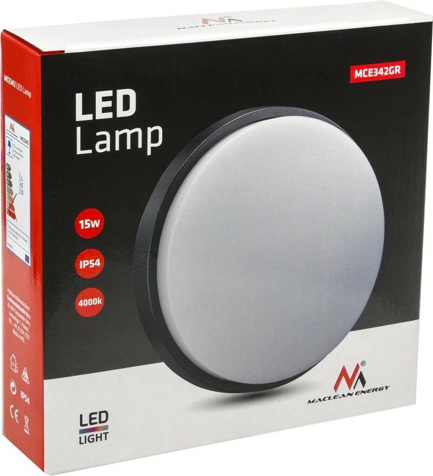 Llampë LED mur/tavan Maclean MCE342 GR, 15W, Gri