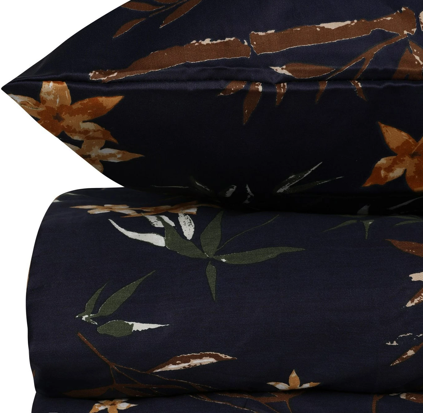 Set mbulesë për jorgan King, saten, L'essentiel, bambu-lule, ngjyrë kaltër e errët, kafe, e verdhë