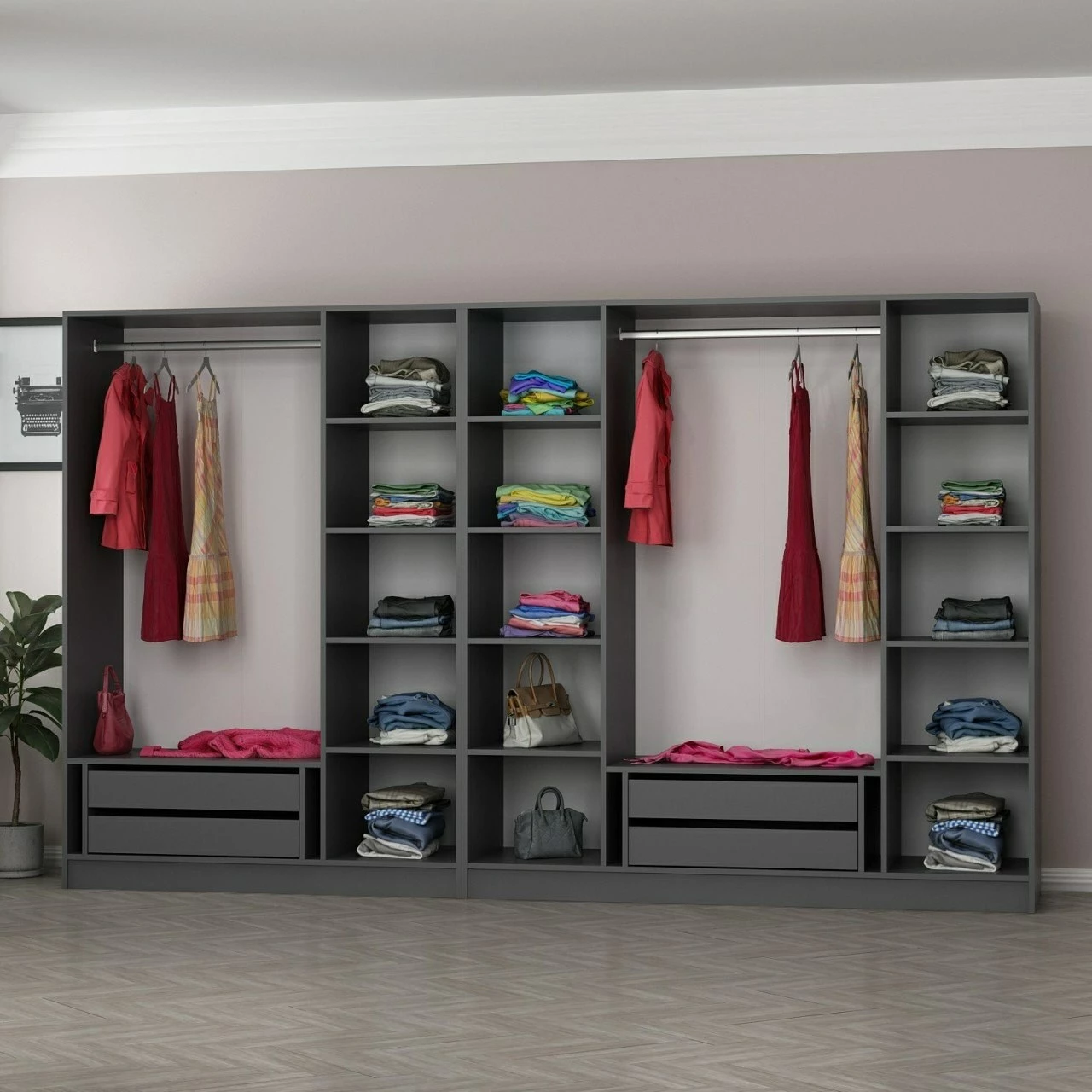 Dollap garderobe Skye Decor, anthracite e zi, 315x190x52cm, 10 pjesë