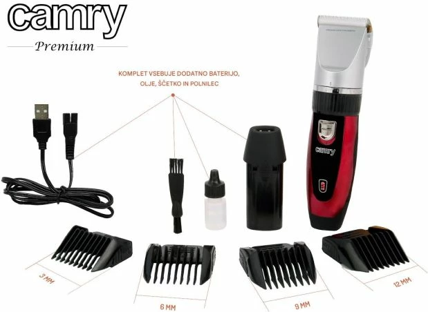 Makinë rroje për qime kafshësh CAMRY CR2821, 35W, USB, 4 krehra 3/6/9/12mm, me bateri shtesë, kuqe/zezë/argjendtë, set