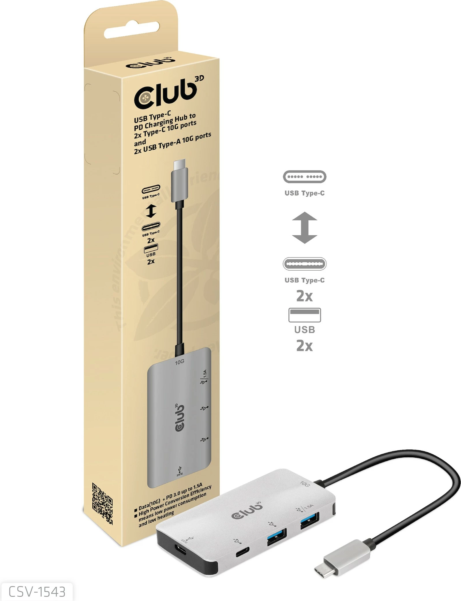 Adapter USB-C Club3D CSV-1543, 2x USB-C, 2x USB-A, 100W, zi/argjendtë