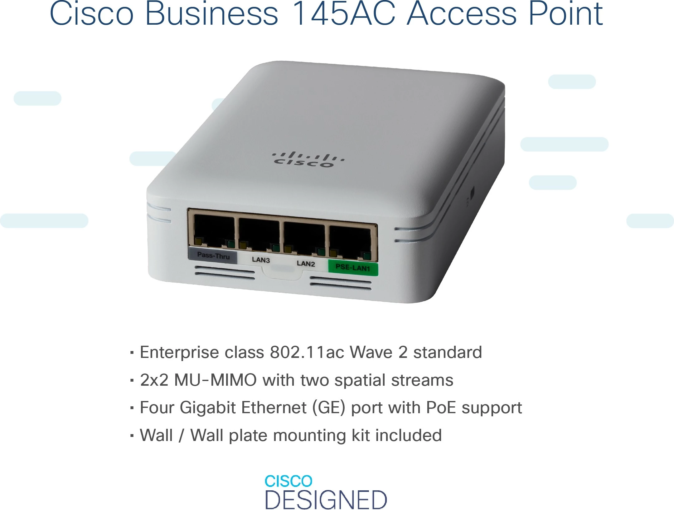 Access point Cisco Business 145AC, 802.11ac, 2x2 Wave 2, 4 porta GbE, PoE, gri