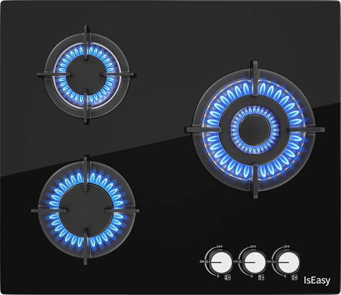 Plitë gazi inkaso IsEasy MGBG-603S2R, 3 djegësa, 60 cm, 7.75 kW, qelq i temperuar, grila gize, NG/LPG, e zezë
