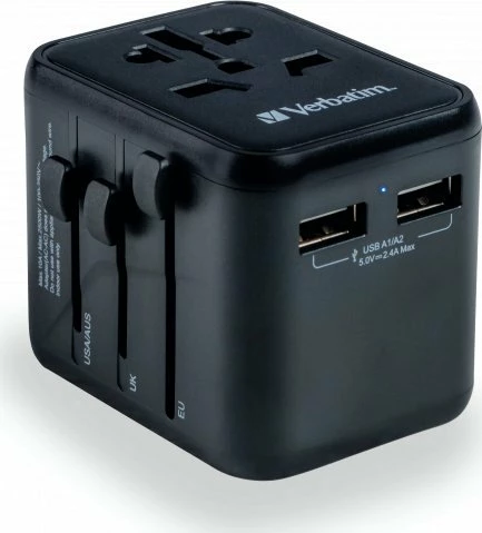 Adapter udhëtimi universal Verbatim UTA-01, 2x USB-A, 100-250V, 180+ shtete, i zi