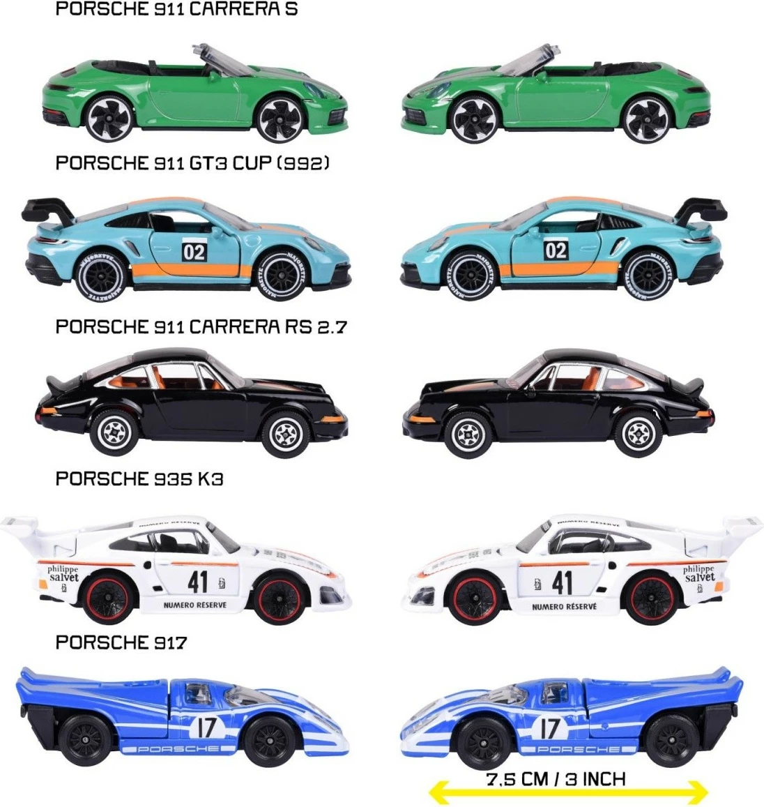Set vetura lodër Majorette Porsche, 5 copë, shumëngjyrëshe