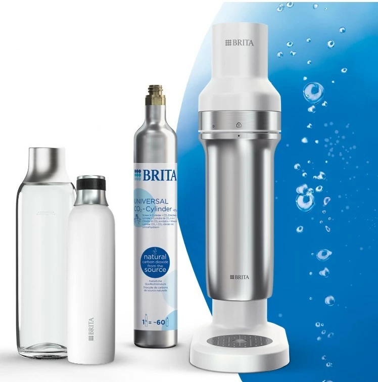 Saturator uji Brita sodaTRIO, çelik/bardhë, me cilindër CO2 dhe dy shishe