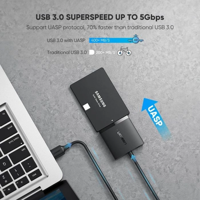 Adapter USB 3.0 në SATA UGREEN 60561, deri 12 TB, 5 Gbps, UASP, për HDD/SSD 2.5\"/3.5\", i zi, me kuti