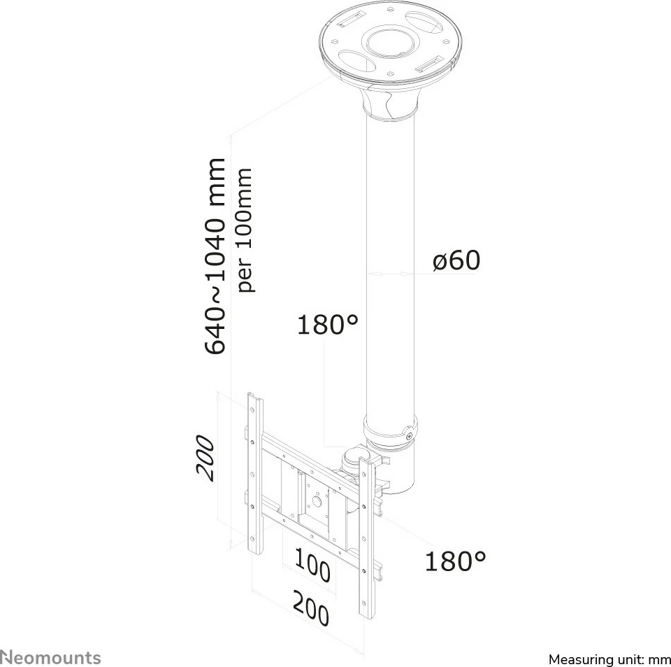 Mbajtës tavani për monitor/TV Newstar FPMA-C200, 10-40 inç, rrotullim 360°, rregullim lartësie, argjendtë