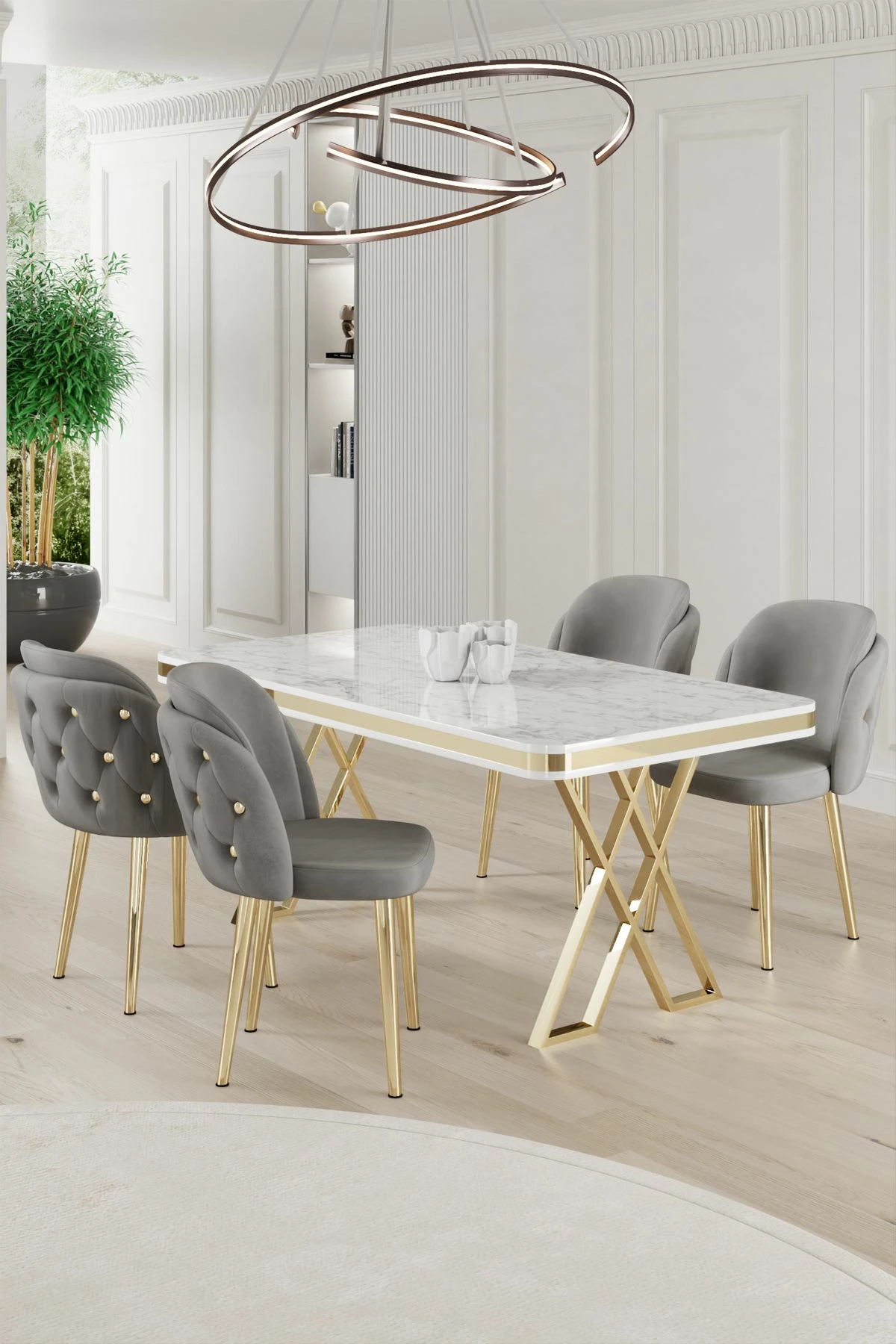 Tavolinë me karrige, 5 copë, Skye Decor Rigel, e bardhë, ari, gri