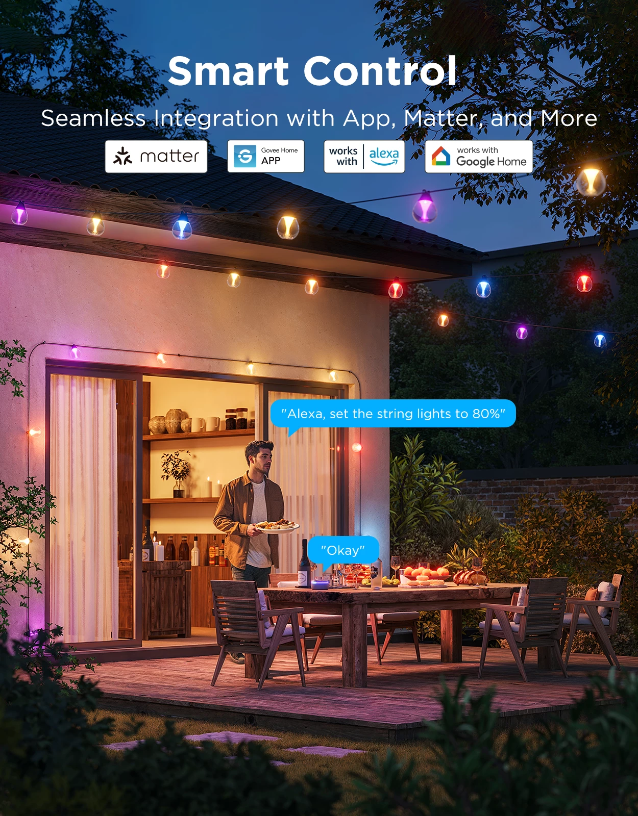 Varg dritash LED smart për jashtë Govee Outdoor Clear Bulb String Lights 48 ft (14.6 m) RGBWIC 1200 lm, transparente