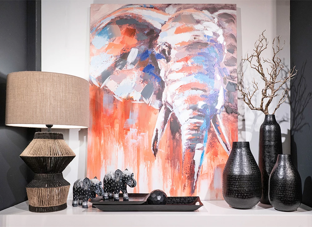 Pikturë dekorative elefant, shumëngjyrëshe, kanavacë, dru, 90x120x3cm