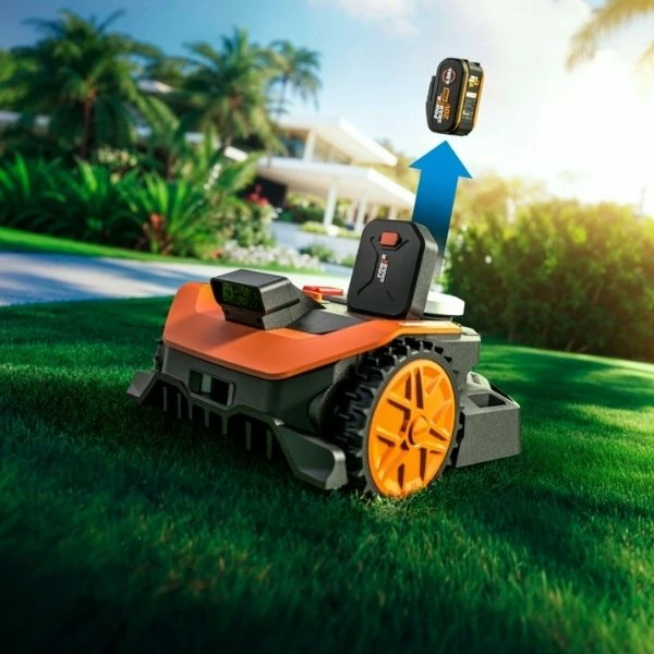 Robot kositës bari Worx Landroid Vision Cloud WR340E, 600 m², 4WD, kamerë stereo, RTK, bateri 20V 4.0Ah, zi/portokalli