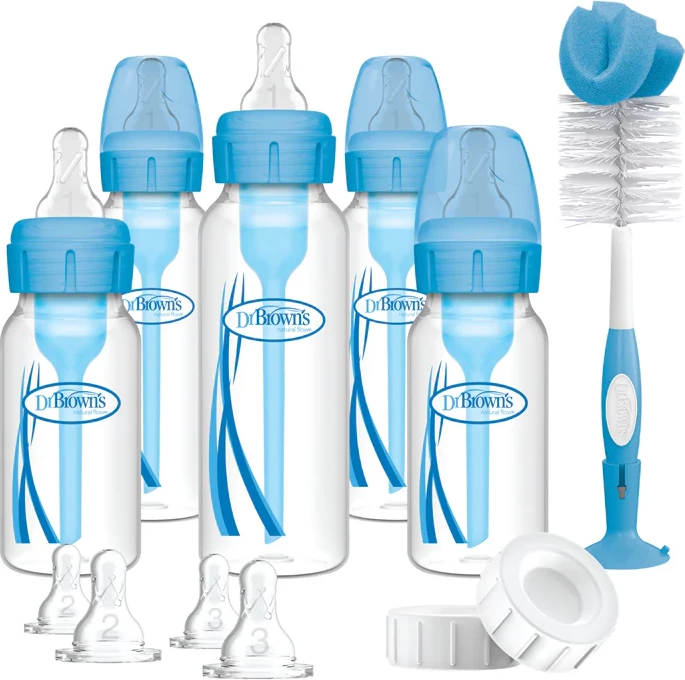 Set Dhuratë Blu – Biberon i Ngushtë Anti-Kolik + Opsione Anti-Kolik për Foshnja Dr. Brown's