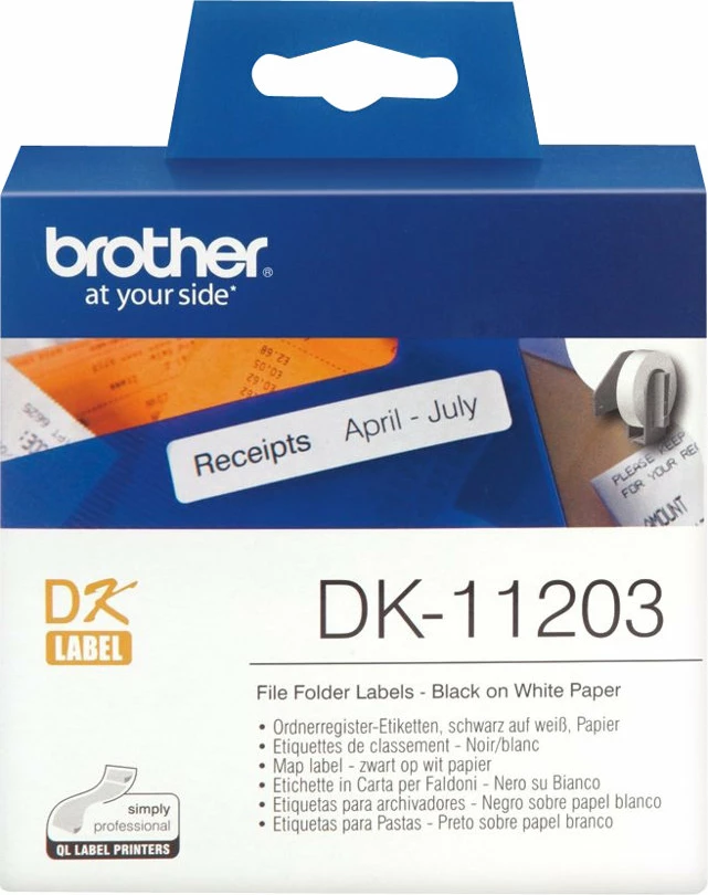 Etiketa Brother DK-11203 për dosje, 17x87mm, 300 copë, bardhë me të zezë