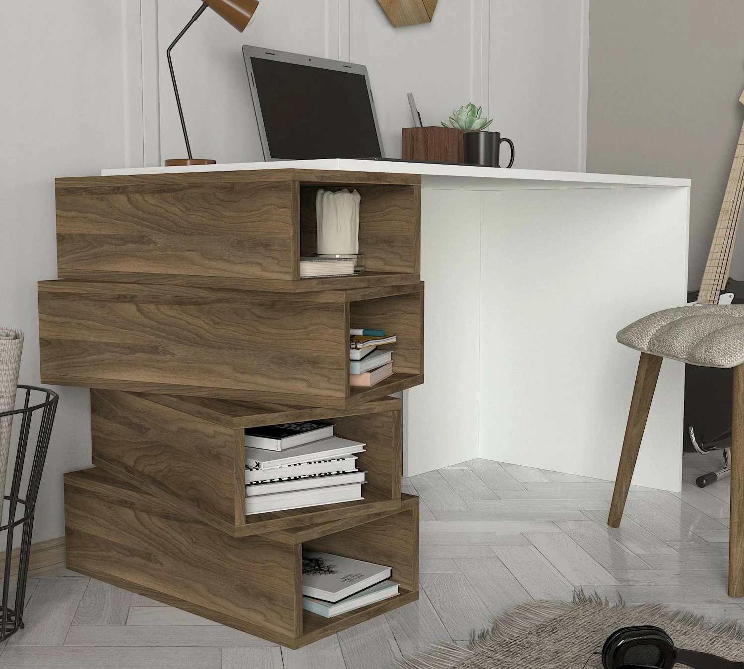Tavolinë studimi Hanah Home, Jenga, e bardhë dhe arrë