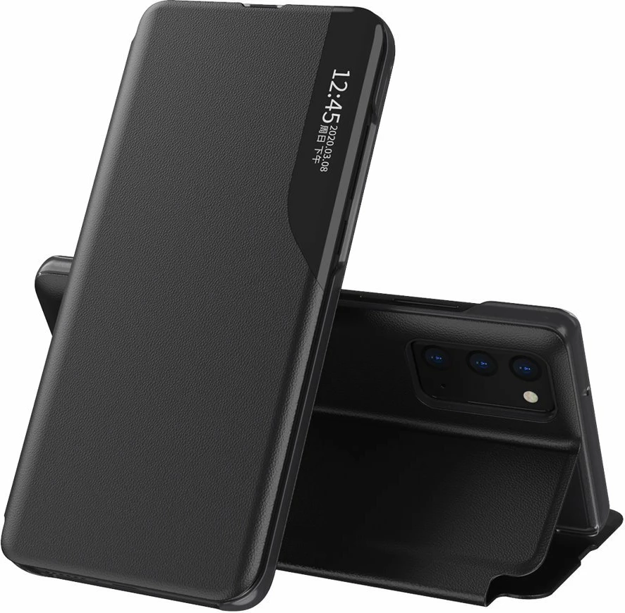 Mbështjellës Hurtel Eco Leather View Case për Samsung Galaxy A02s EU, me kapak dhe qëndrim, i zi