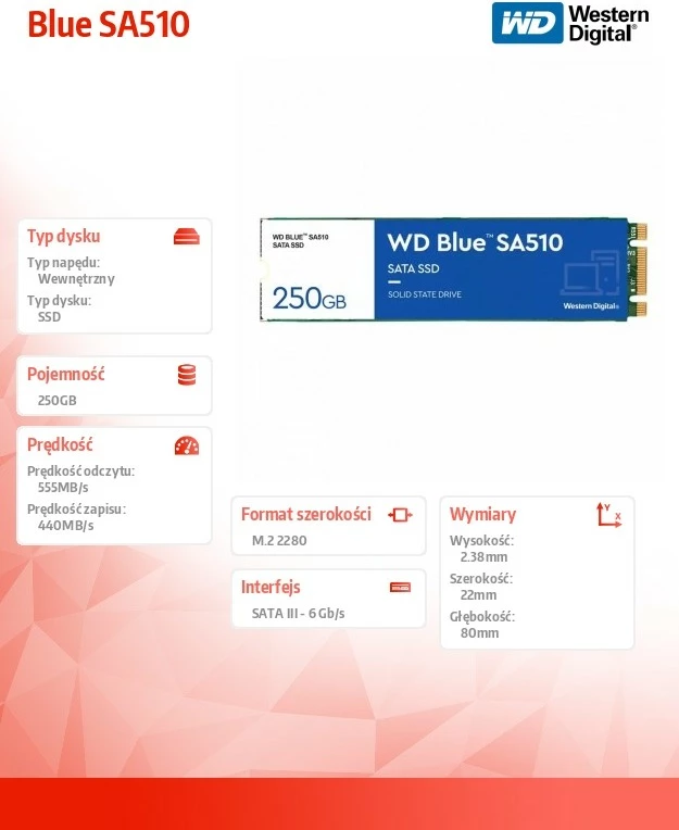SSD Western Digital Blue SA510, 250GB, M.2 2280, SATA III