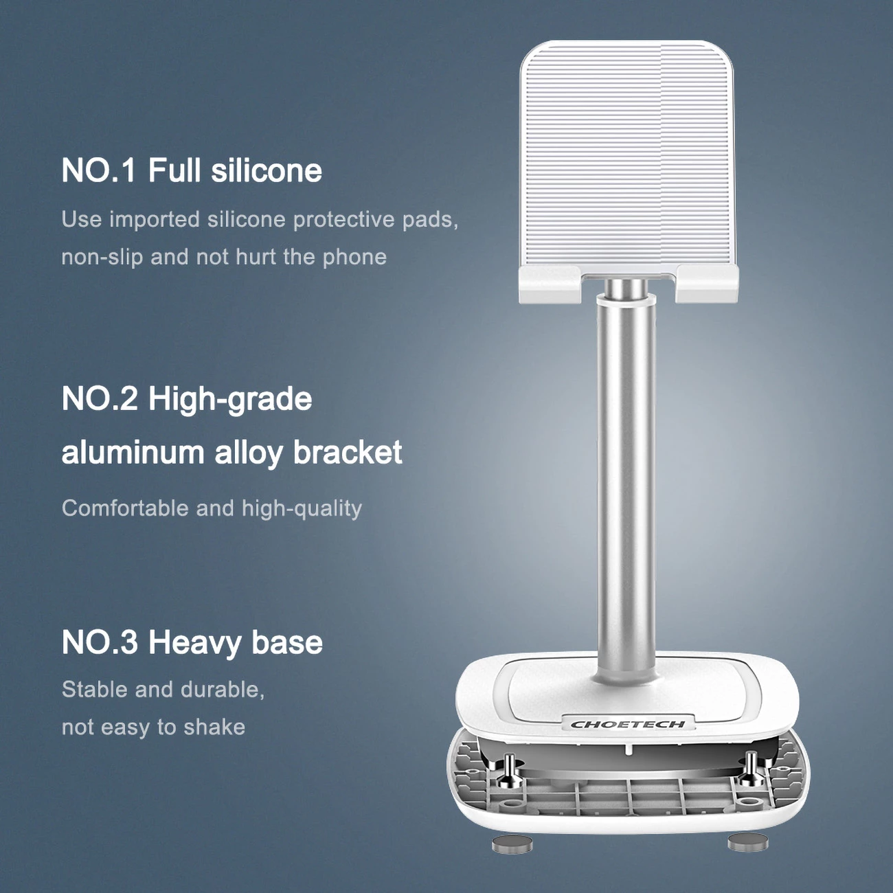 Mbajtëse telefoni/tableti Choetech H035, alumini, e bardhë dhe argjendtë, rregullim këndi dhe lartësie