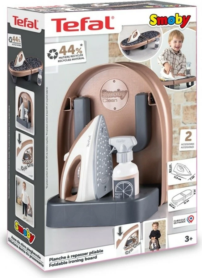 Set lodrash dërrasë hekurosjeje palosëse Smoby MiniTefal me hekur dhe sprucues, për fëmijë, zi/kafe/e bardhë