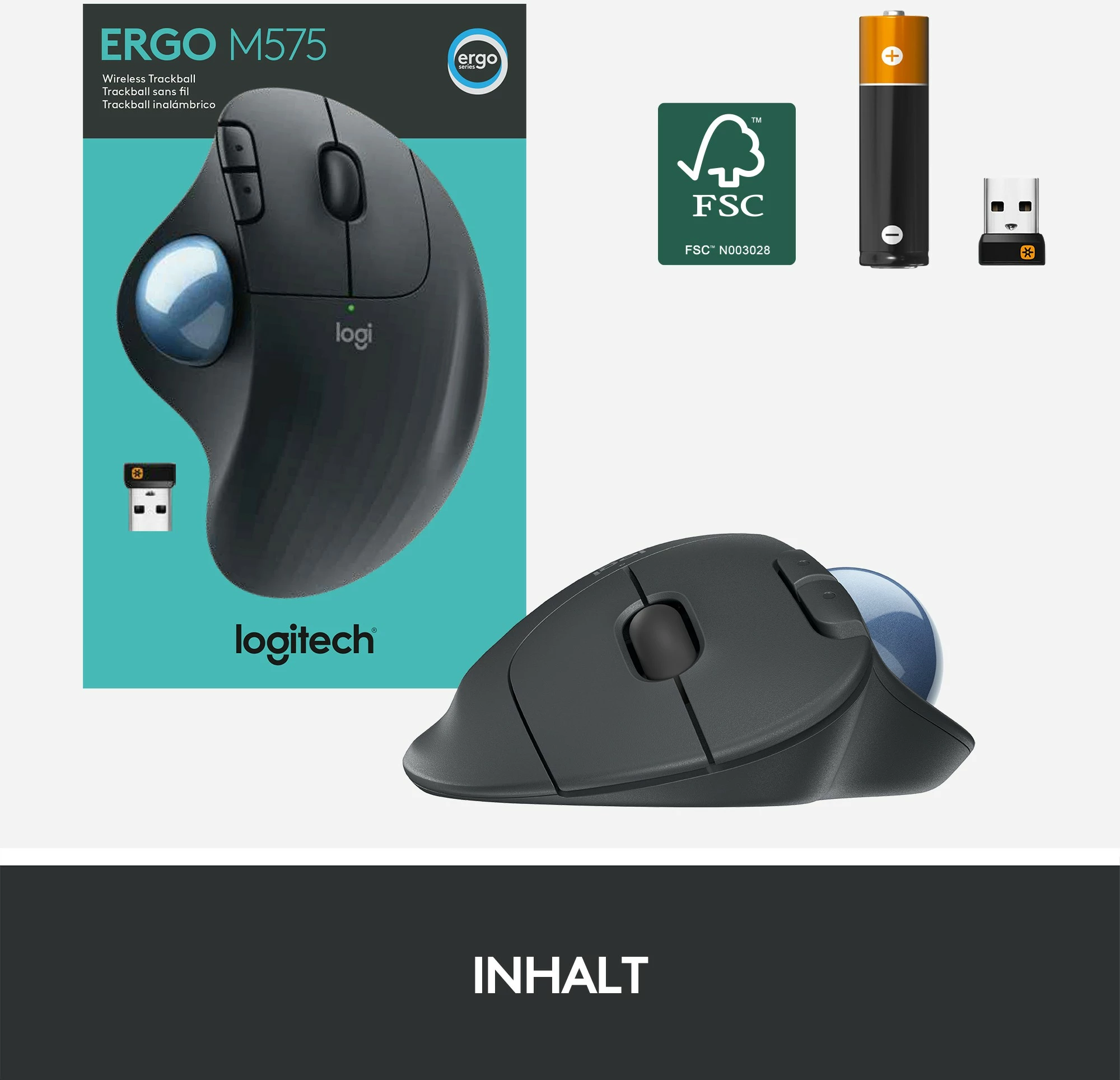 Maus Logitech ERGO M575 Wireless Trackball, 2000 DPI, Grafit