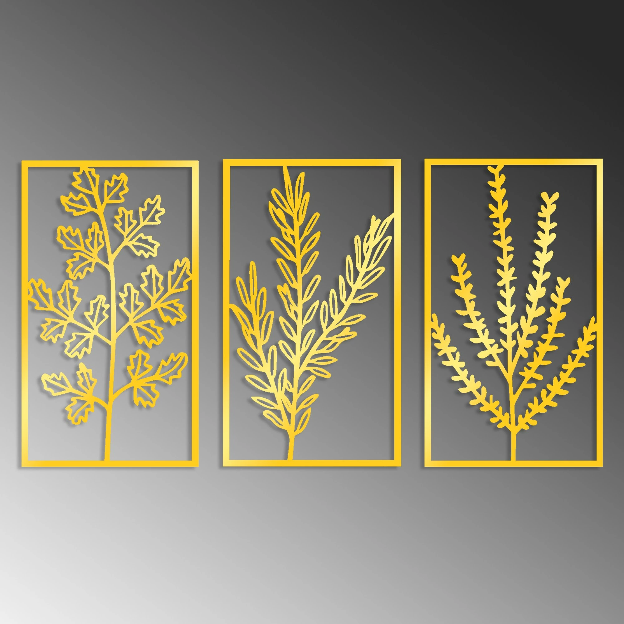 Aksesor dekorativ metalik për mur Wallity, lule të arta, set prej 3 copësh