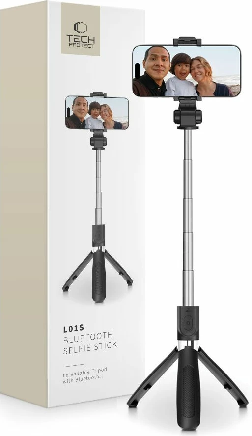 Selfie stick me tripod Tech-Protect L01S, Bluetooth, për smartphone, 70cm, Zi