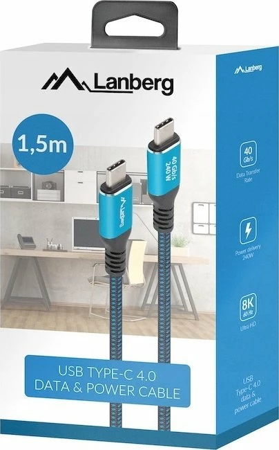 Kabllo USB-C në USB-C Lanberg CA-CMCM-45CU-0015-BK, USB4, 1.5 m, 40 Gb/s, 240W PD, 8K@60Hz, zi-blu
