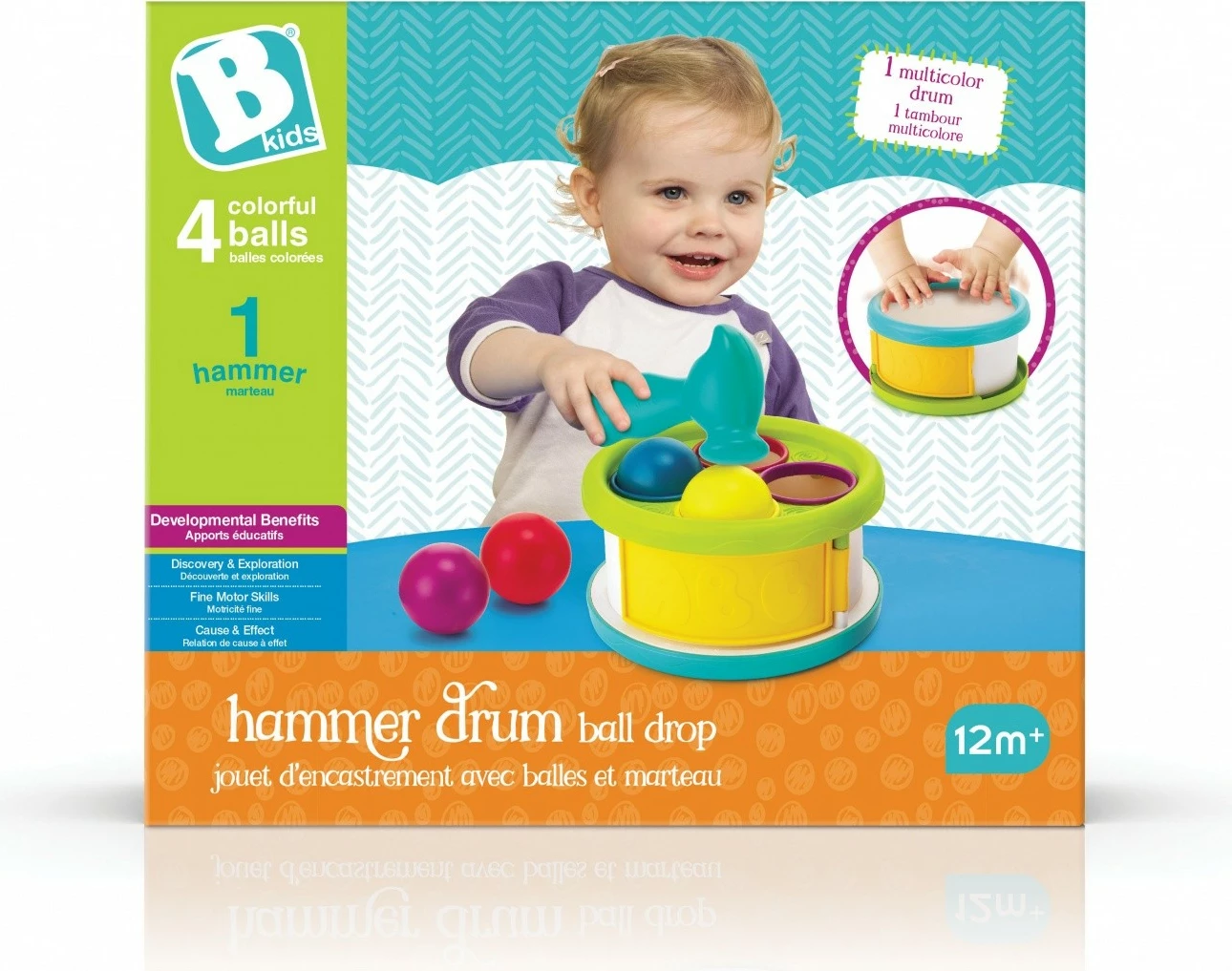 Lodër sorter B-kids Sorting Drum me toptha dhe çekiç, Verdhë, për fëmijë