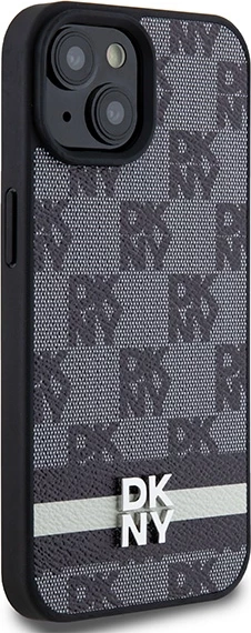 Mbështjellës DKNY Leather Checkered Mono Pattern & Printed Stripes për iPhone 15 Plus / 14 Plus, e zezë