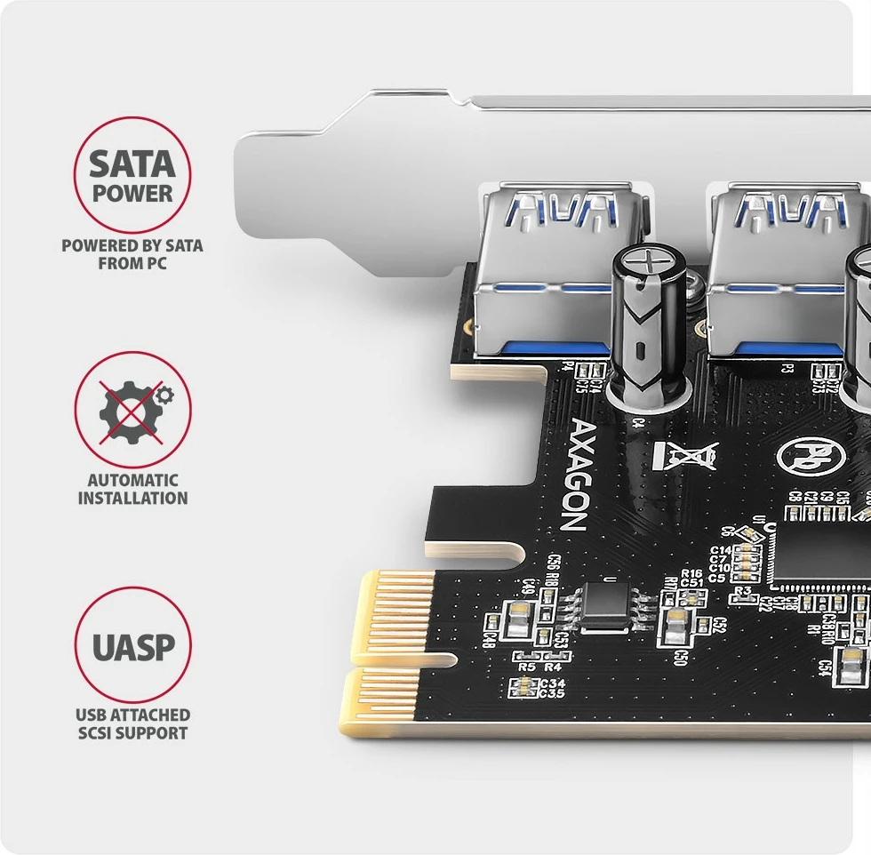Kasë zgjerimi AXAGON PCEU-430RS, 4x USB 3.2 Gen 1, Renesas, PCIe, SATA Power