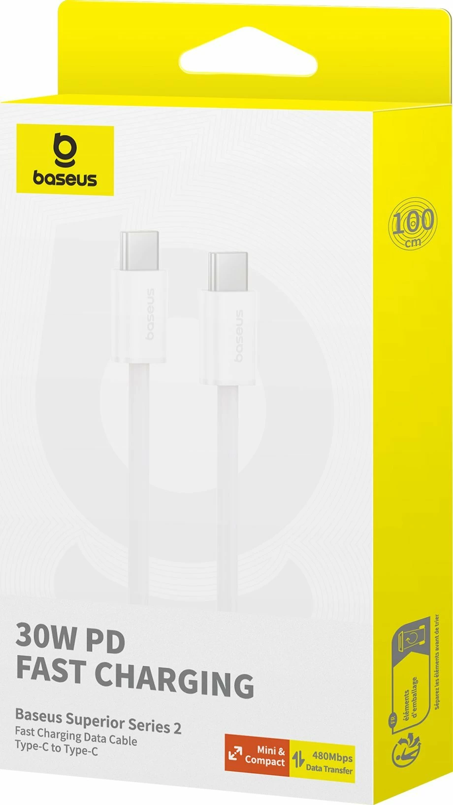 Kabllo USB-C në USB-C Baseus Superior Series II P10365200211-00 1 m 30W PD 480Mb/s, e bardhë