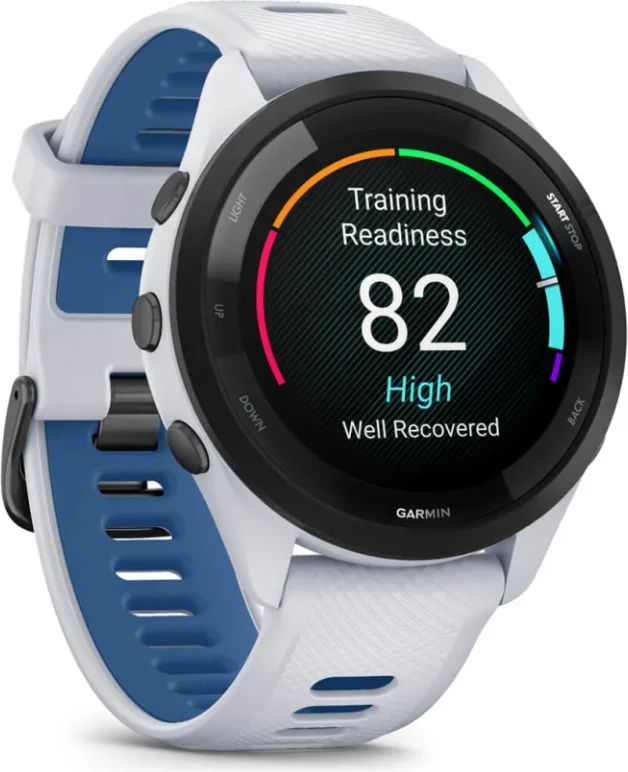 Smartwatch Garmin Forerunner® 265 Black Bezel, Stone White Case, Stone White/Tide Blue Silicone Strap, 46 mm