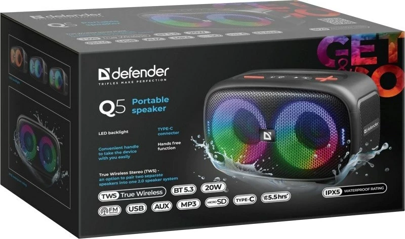 Boks Bluetooth defender Q5, 20W, LED, BT 5.3, FM, USB, TWS, Zi