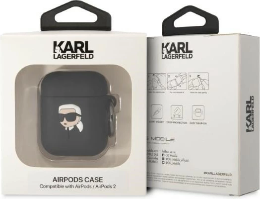 Mbështjellës Karl Lagerfeld për AirPods 1/2, Silicone Karl Head 3D, i zi, me unazë