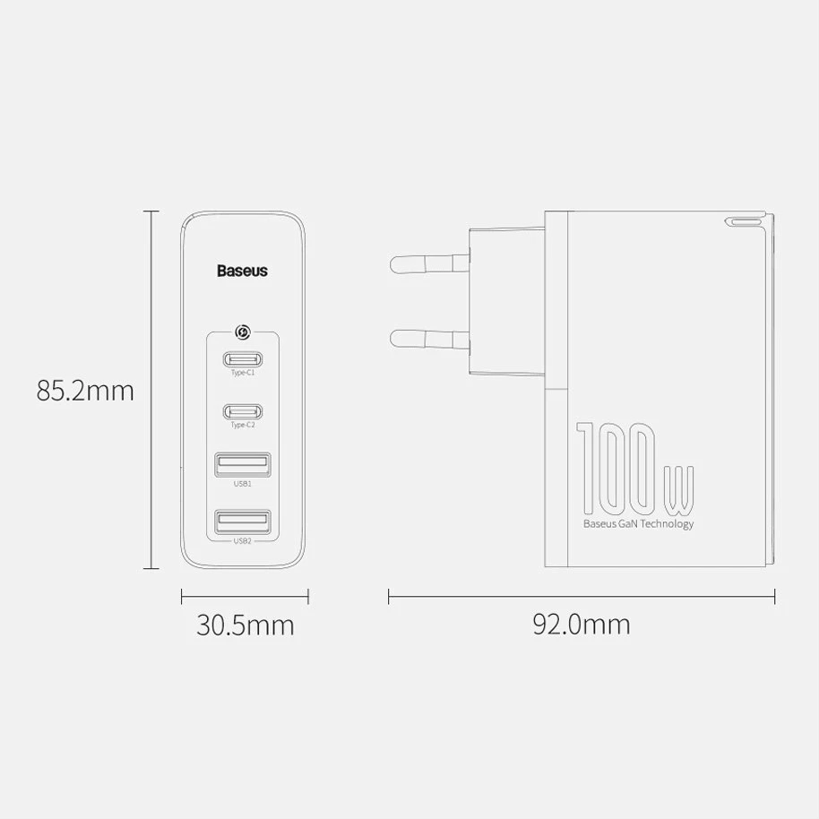 Karikues i shpejtë Baseus GaN2 Pro, 100W, 2x USB-C, 2x USB-A, i zi