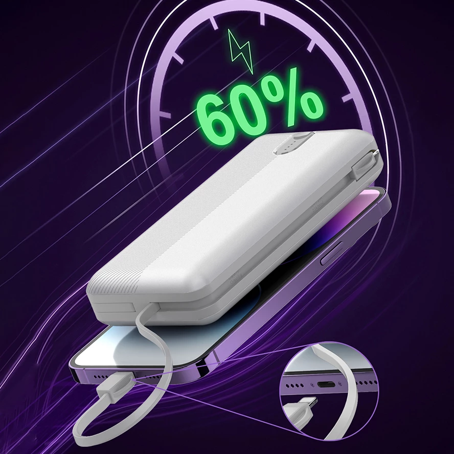 Power bank LDNIO PQ24 20000mAh 22.5W me 1x USB-A + kabllo të integruara USB-C/Lightning (1C1L), bardhë