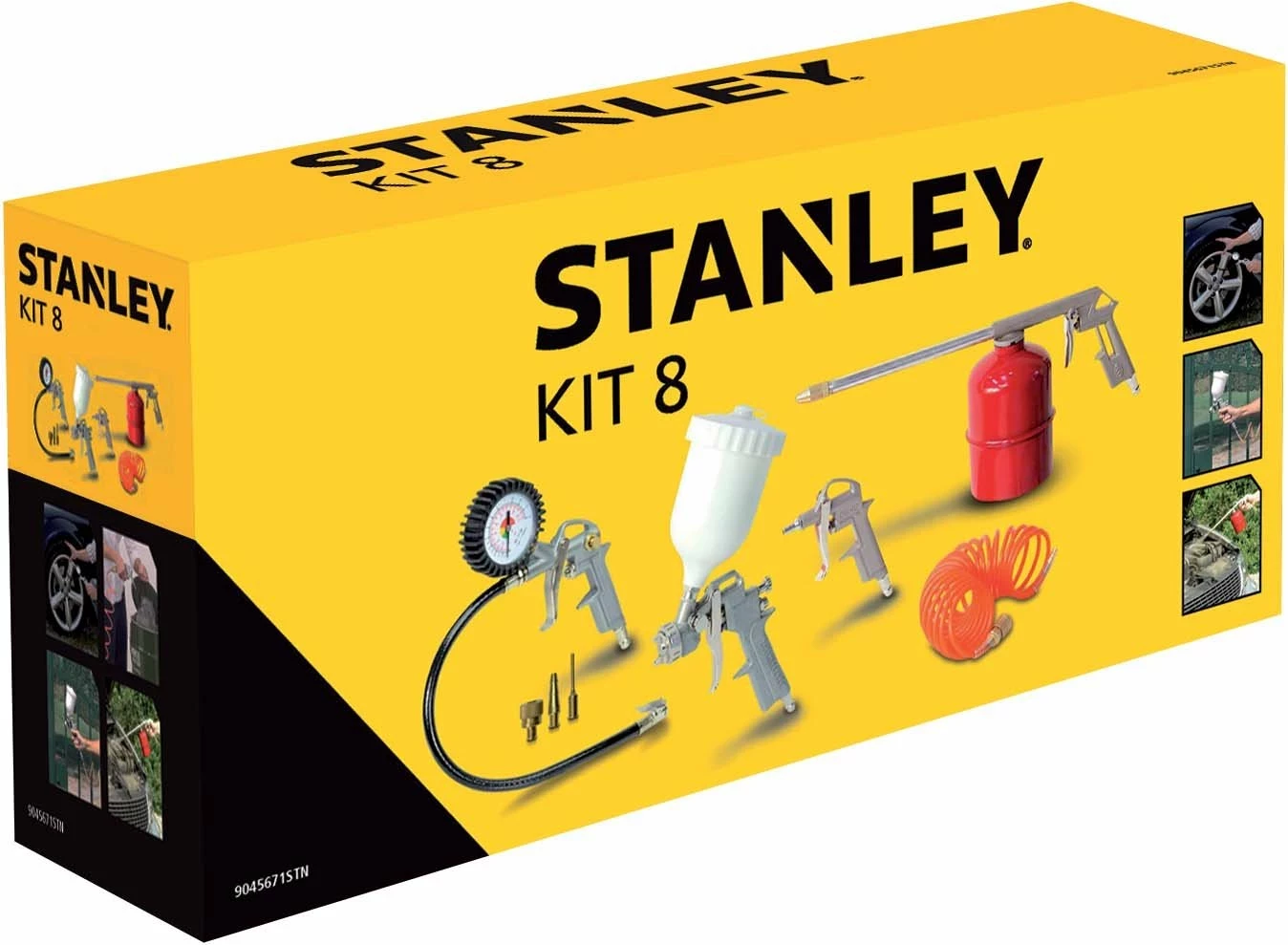 Set aksesorësh për kompresor Stanley Kit 8, zorrë spirale 5 m, pistoletë fryrjeje 0-1.2 bar, pistoletë lyerjeje grykë 1.5 mm, enë boje 0.5 L, 8 copë