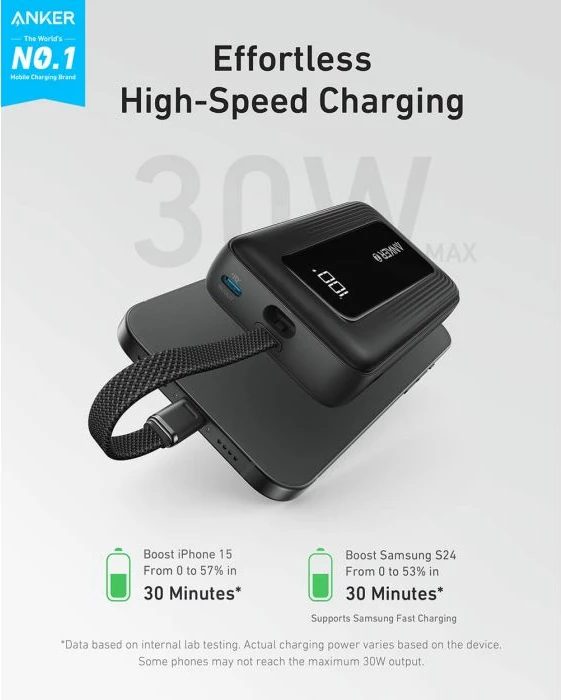 Powerbank Anker Zolo A1688H11 10000 mAh 30W me kabllo USB-C të integrume, e zezë