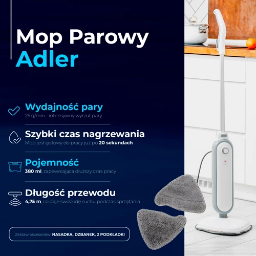 Mop me avull, Adler, AD 7057, 1300W, depozitë uji 380ml, kabëll 4.75m, i bardhë/gri