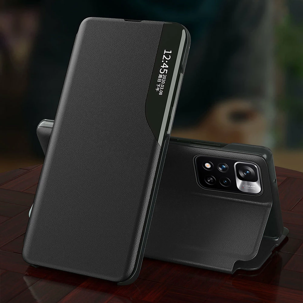 Mbështjellës Hurtel Eco Leather View Case për Xiaomi Redmi Note 11 Pro+ 5G / 11 Pro 5G / Mi11i HyperCharge / Poco X4 NFC 5G, i zi