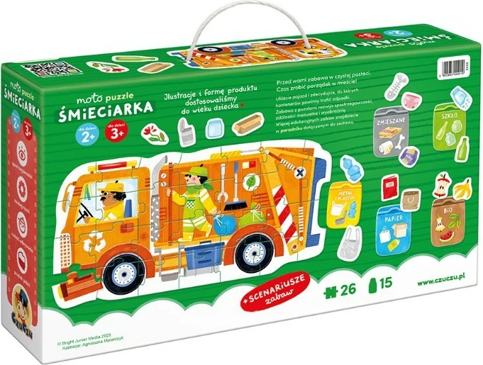 Puzzle edukativ CzuCzu Moto Garbage Truck, 26 pjesë, për fëmijë, portokalli