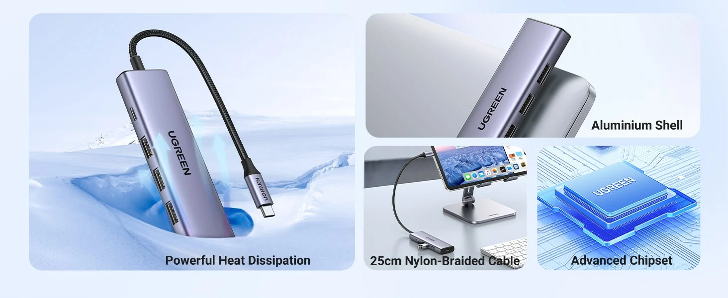Dock UGREEN 15596 për laptop, 3x USB 3.2 Gen 1 Type-A, 1x USB Type-C, 3x HDMI 2.0, 100W, Alumini