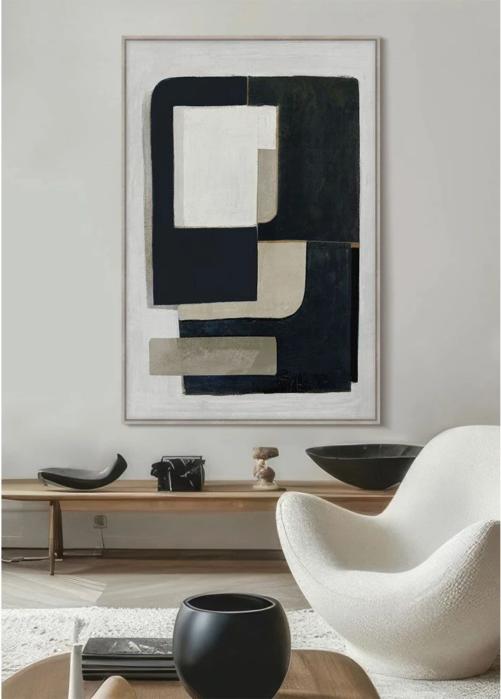 Pikturë dekorative DEL SIL me kornizë, kanavacë, ngjyra e zezë, gri, bezhë, dru natyral, 80x120x4cm