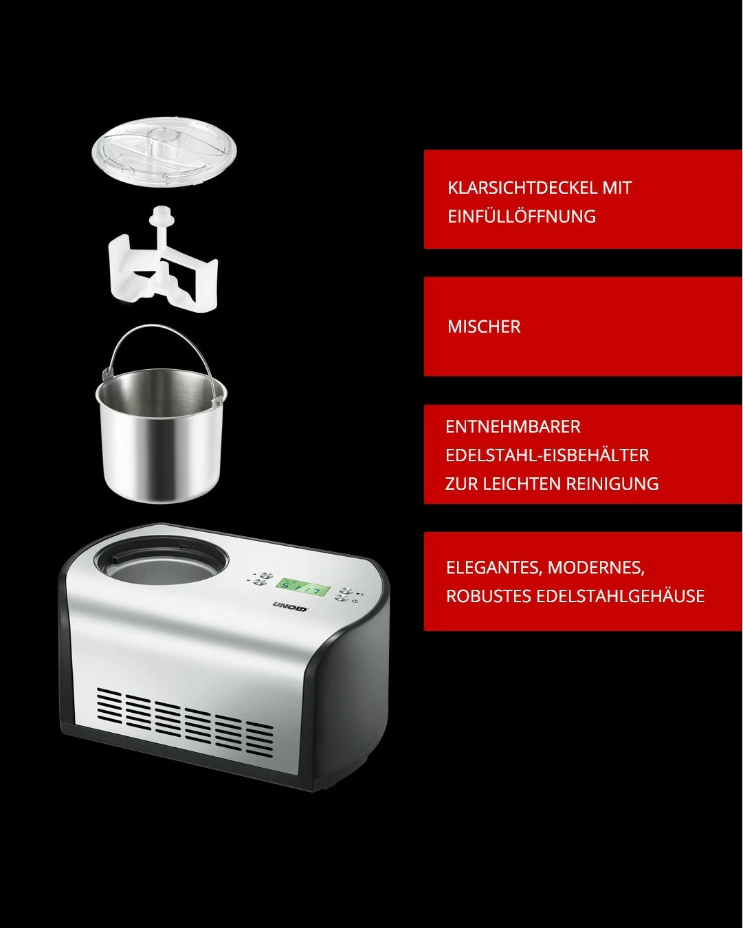 Aparat për akullore Unold 48865, 1.2 L, 30 min, LCD, 1.5 m, i zi