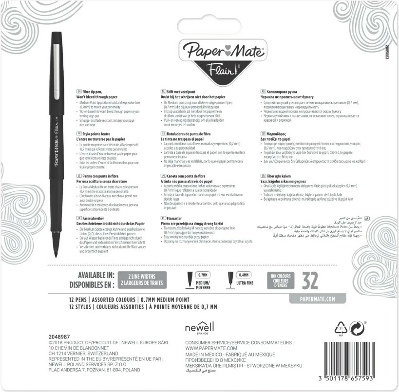 Set stilolapsa PaperMate Flair 12 ngjyra, majë 0.7mm, multikolor